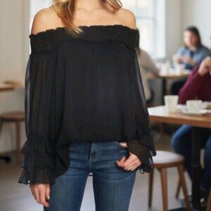 CeCe Women’s Smocked Off Shoulder Ruffle Top 3/4 Sleeve Rich Black Size M